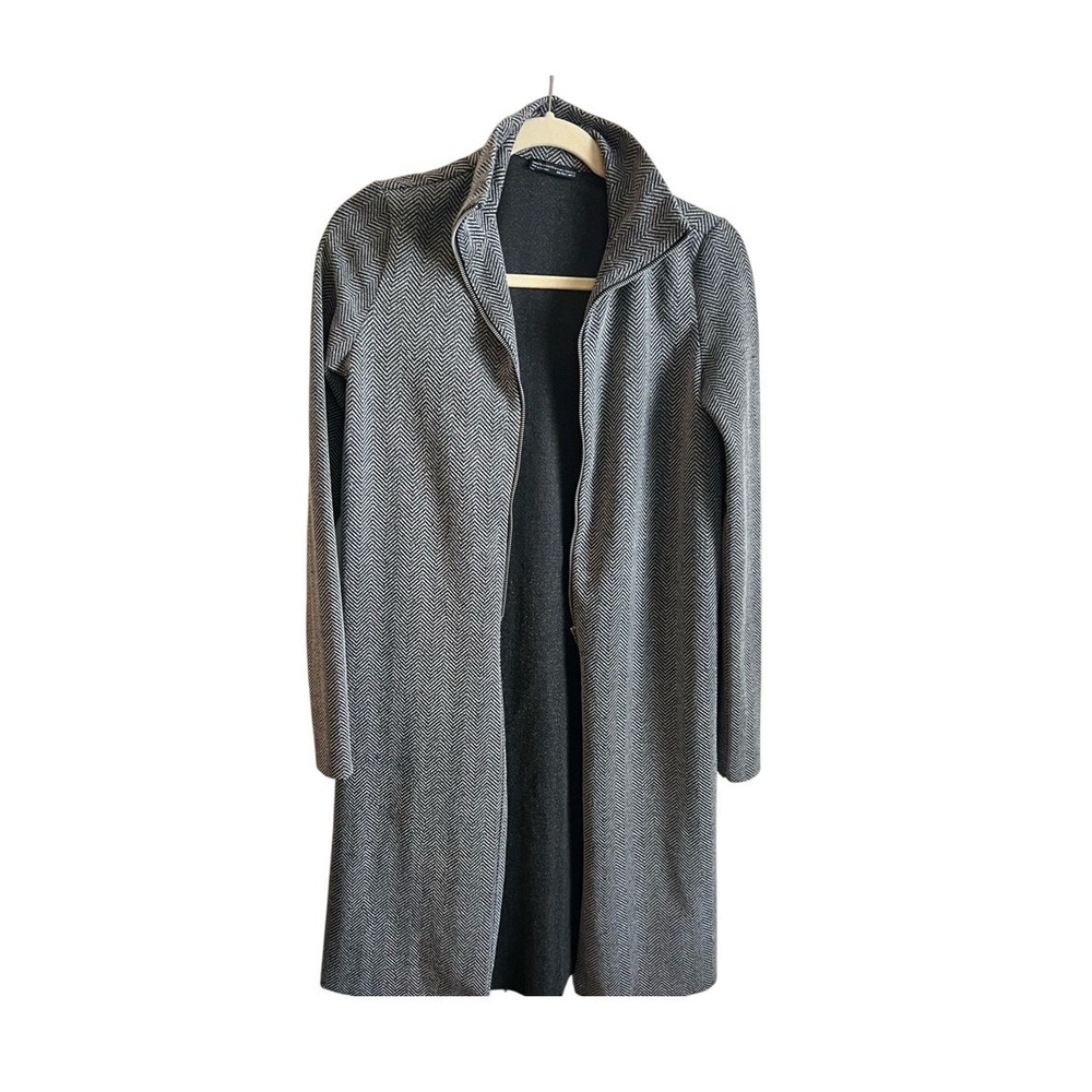 Zara Trafaluc Herringbone Knit Zip Up Duster Coat Gray Black Small Fall Winter